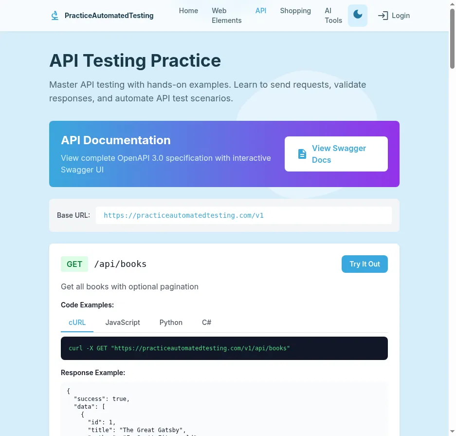 API Testing Documentation page with interactive Try It Out buttons and code snippets in cURL, JavaScript, Python, and C#