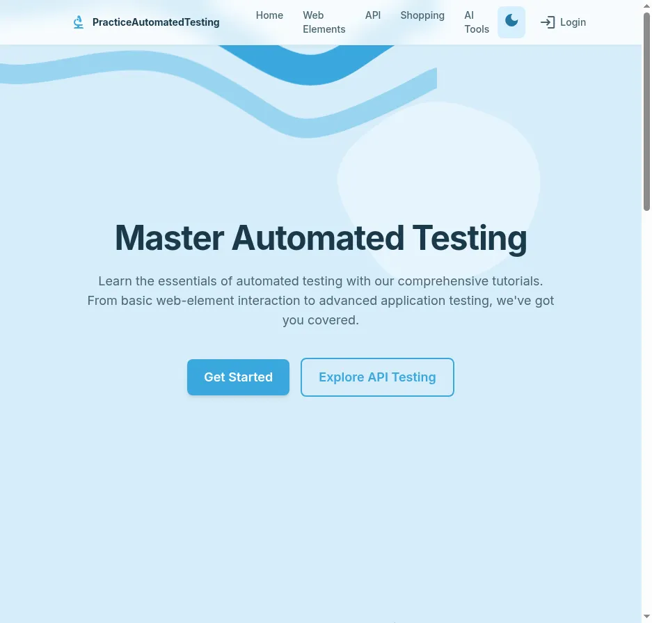 Practice Automated Testing homepage with navigation to Web Elements, API, Shopping, and AI Tools sections