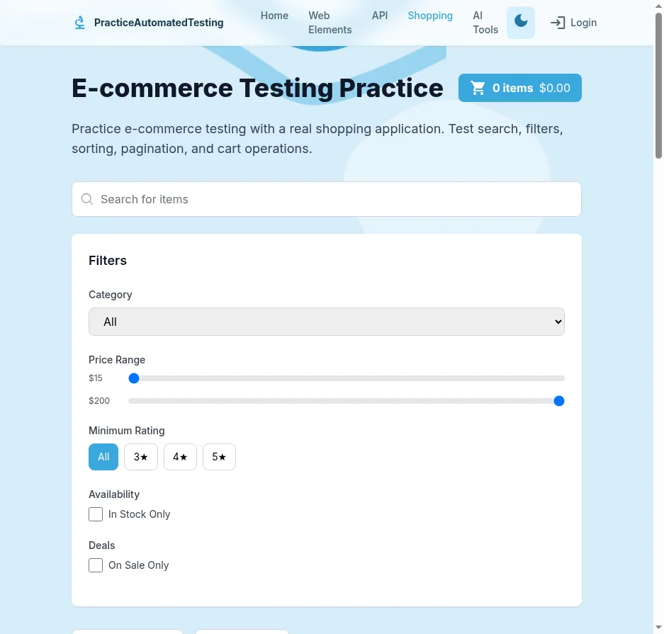 E-commerce Shopping practice application with product listings, category filters, price range, star ratings, and shopping cart