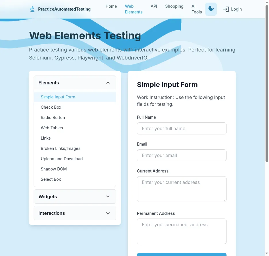 Web Elements testing page showing Simple Input Form with sidebar listing Elements, Widgets, and Interactions categories