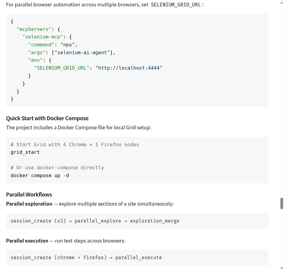 Selenium Grid setup documentation showing Docker Compose configuration and parallel workflow examples