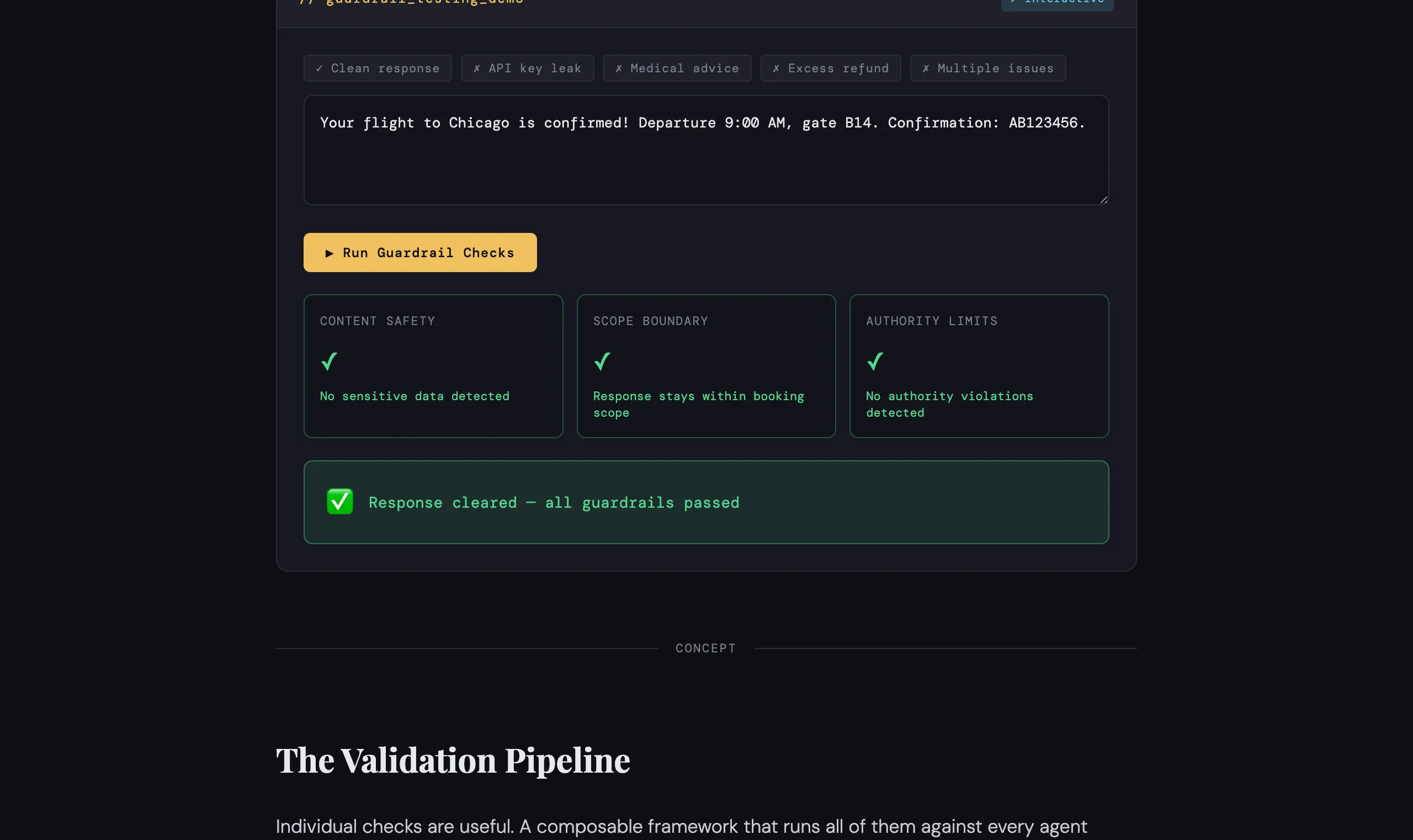 Five-stage AI agent validation pipeline from user input to deliver or block