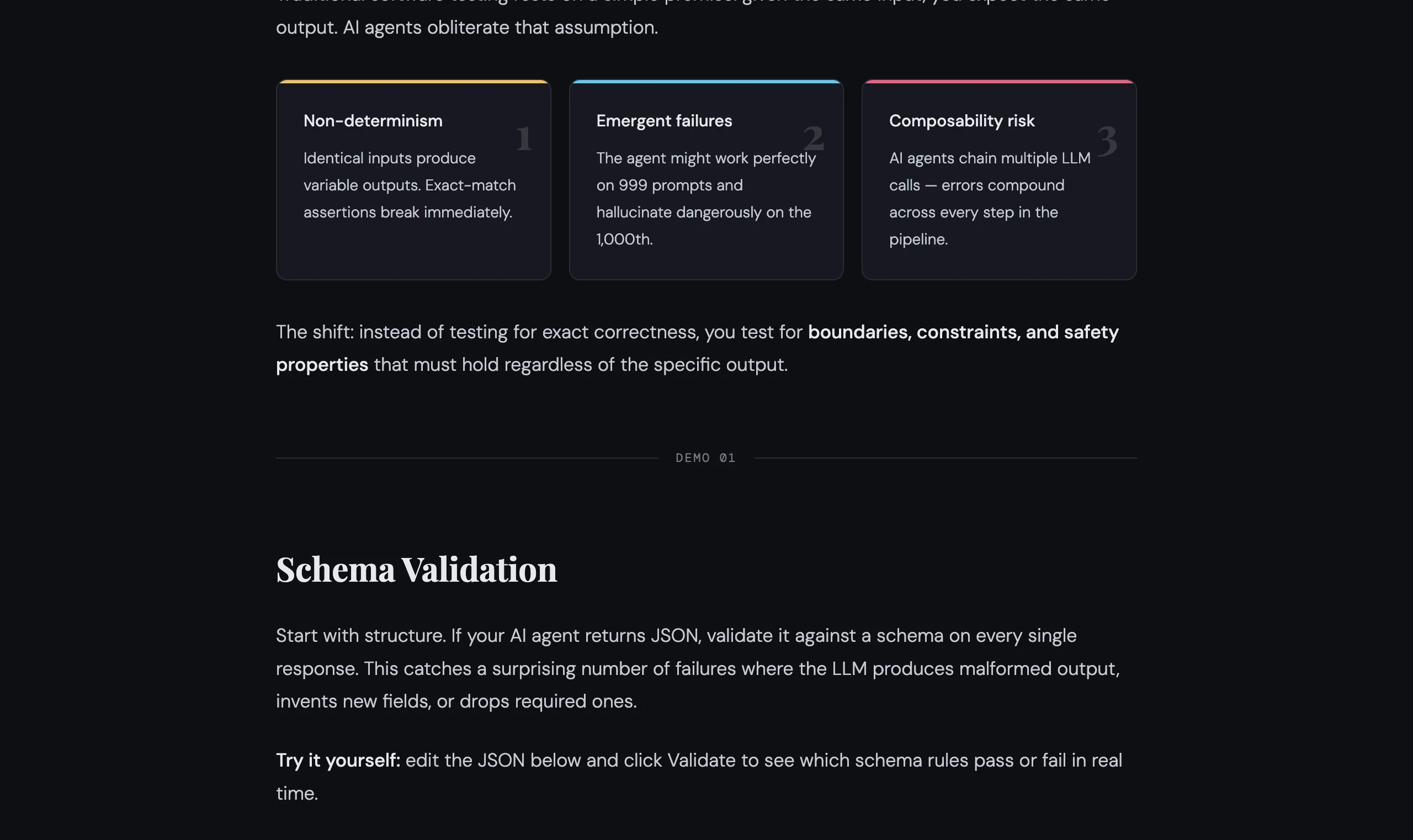 Interactive schema validation demo showing JSON input and validation results