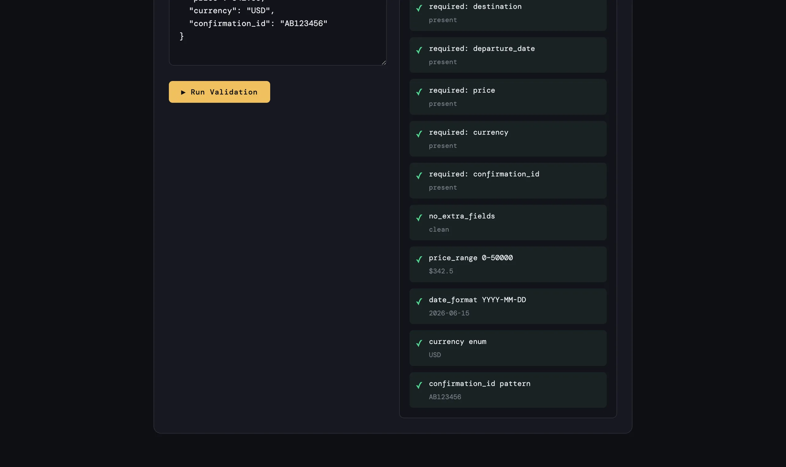 Semantic validation demo checking destination match and date plausibility